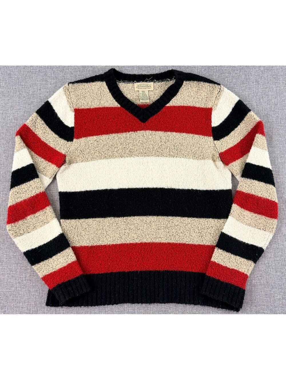 VTG Women's St John’s Bay Striped Boucle V-Neck Sweater Size Small Red Black